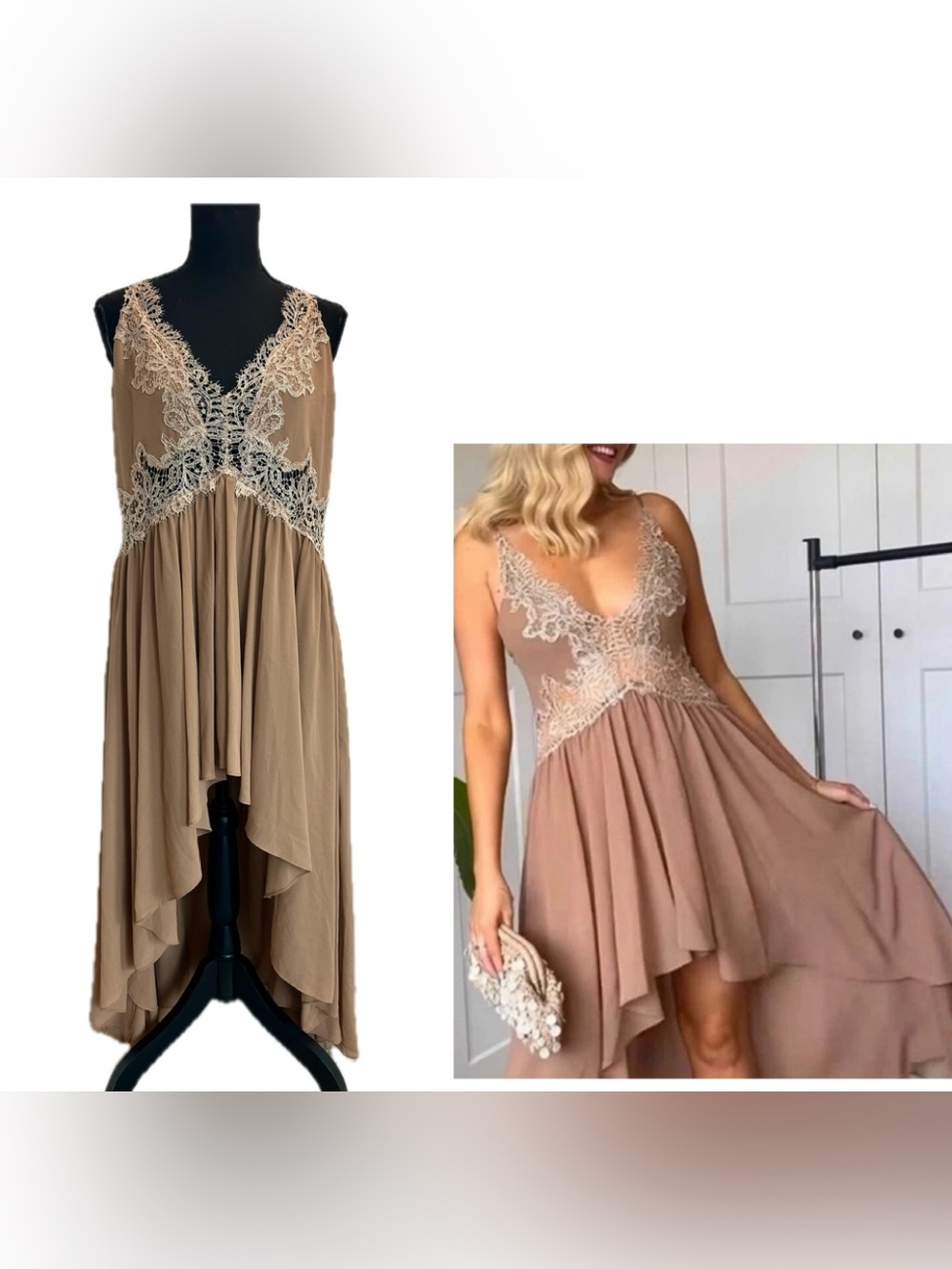 Zara taupe dress sleeveless intricate lace V-neck high-low hemline Sz L NWOT